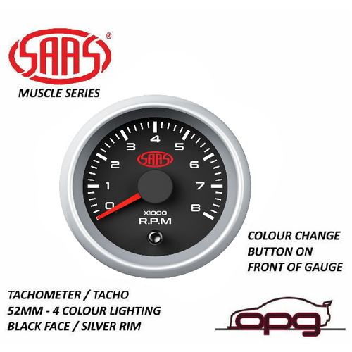 Genuine SAAS Tacho Tachometer 52mm Analog Gauge Black Face Silver Rim 4 Colour Lighting