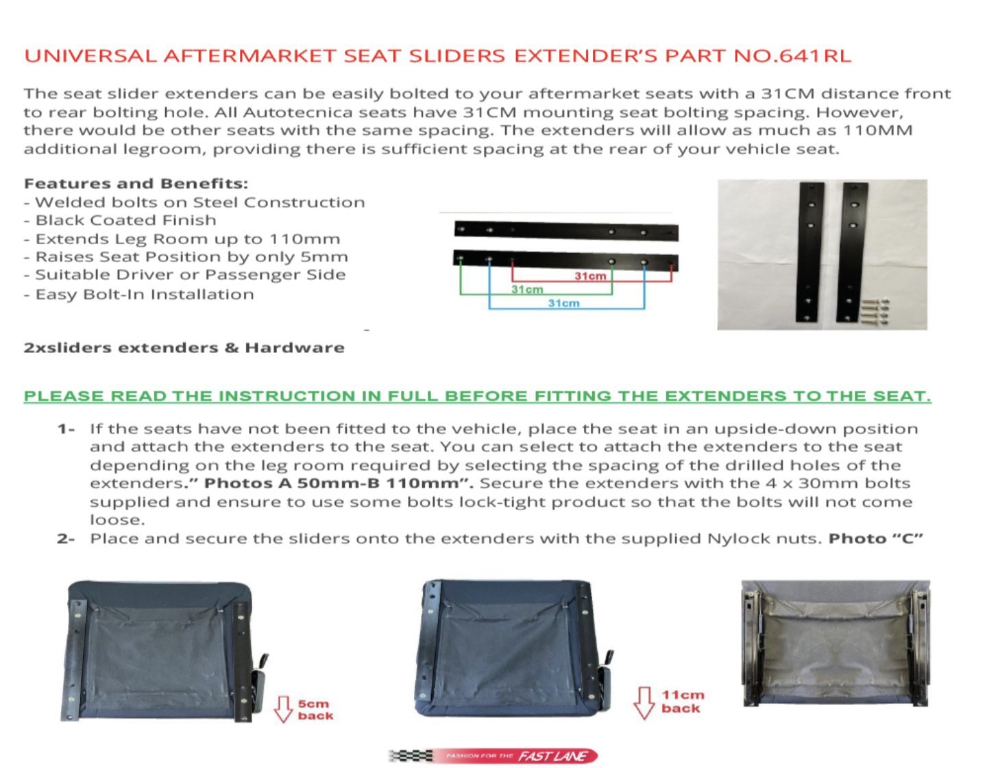 Autotecnica Universal Seat Extender Black Coated Finish for Driver or Passenger Side