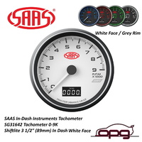 Genuine SAAS Tachometer SG31641 Muscle Series 0-9000 RPM Shift Lite 3 1/2" 90mm in Dash White
