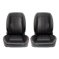 Autotecnica Classic Retro Style Low Back Bucket Seats - Quick Tilt Lever - Adjustable Back Rest - PU Black Leather with Red Stitch - Pair