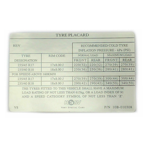 Genuine Holden HSV Decal Tyre Placard for VT VX VY VZ HSV 18" 235/45 R17 235/40 R18 