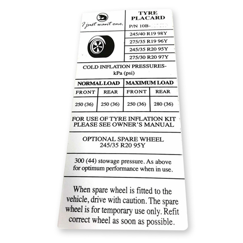Genuine Holden Decal Tyre Placard for VE VF SS SV6 E1 E2 E3 GEN-F HSV Commodore 19" 20" Rims