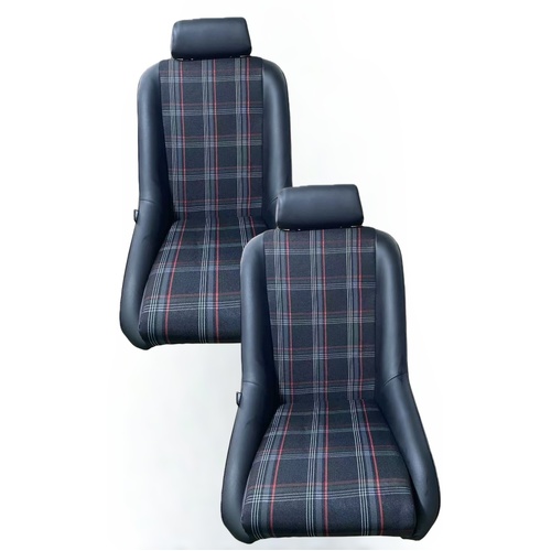 Autotecnica Low Back With Headrests PU Leather Bucket Seats Car Fixed Back - Black And Tartan Material Suitable For Early Porsche 911 964 993 996 997
