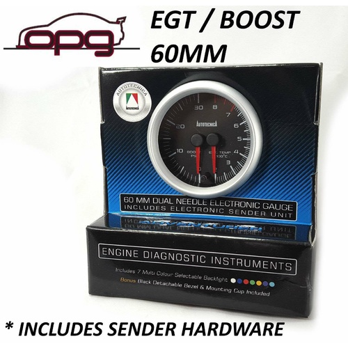 Autotecnica Dual Gauge Performance Diesel EGT & Boost 60mm Analog Black Face 7 Colour Light