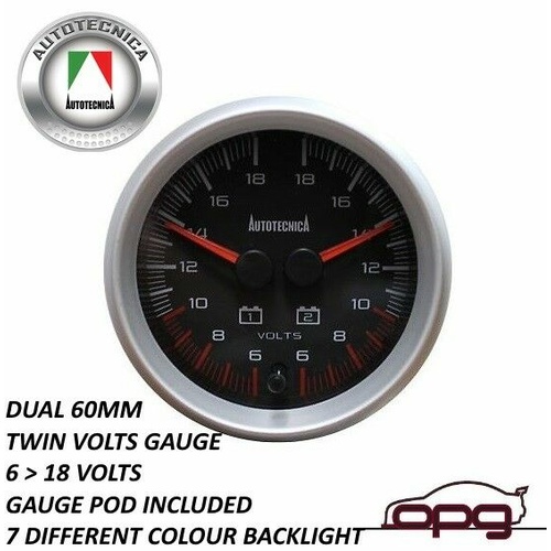 Autotecnica Dual Gauge Performance Dual Battery Volts 60mm Analog Black Face 7 Colour Lights