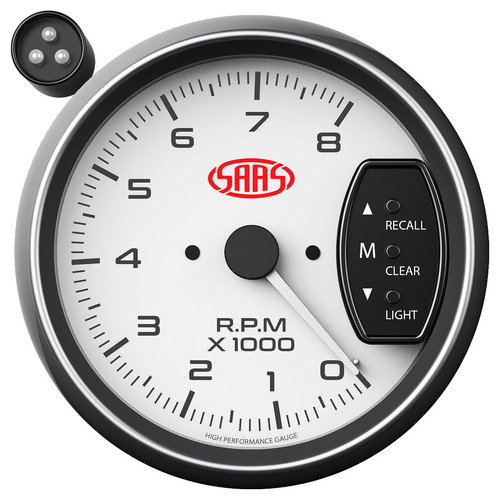 Genuine SAAS SG-TAC334W 3.75 Inch 95mm / Tacho White Face Gauge Shift Light - 8000RPM