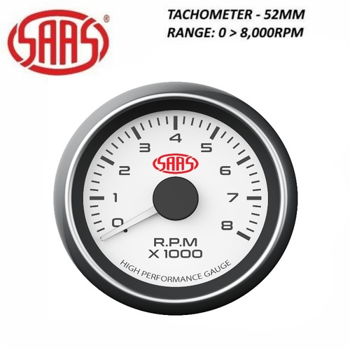 Genuine SAAS Performance Tacho Tachometer 52mm Analog Gauge White Face 4 Colour Lighting