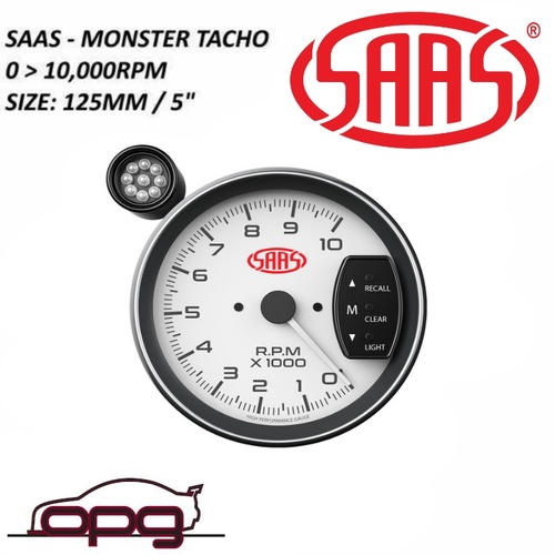 Genuine SAAS SG-TAC5W 5 Inch Monster Tacho Tachometer Gauge Shift Light White