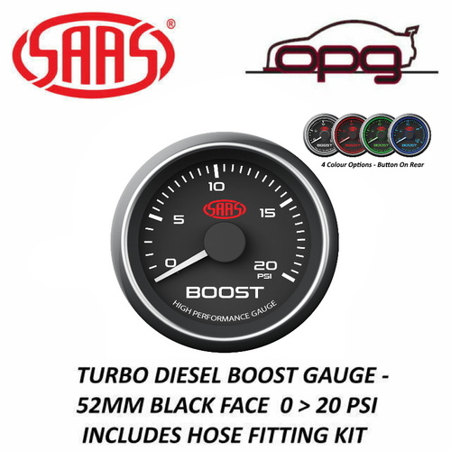 Genuine SAAS SG-TBD52B1 Genuine Diesel Turbo Boost Gauge Black Face Mechanical 20 PSI 52mm