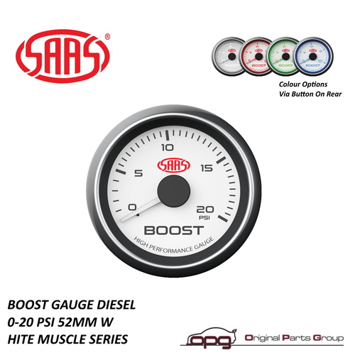Genuine SAAS SG-TBD52BW1 52mm 2" Turbo Diesel Boost Gauge 20 PSI Range White Dial Face 