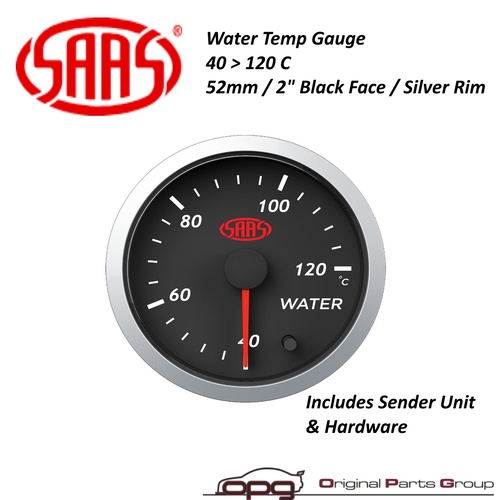 Genuine SAAS Streetline Series Water Temp 40>120 Deg C 52mm Gauge Black Face 7 Colour Option On Gauge Via Button