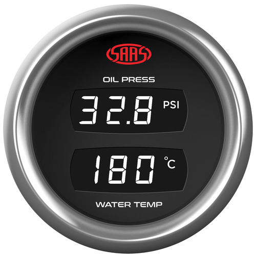 Genuine SAAS Trax Digital Dual Twin Reading 52mm Gauge Oil Pressure 0-140 PSI Water Temp >120 Digital