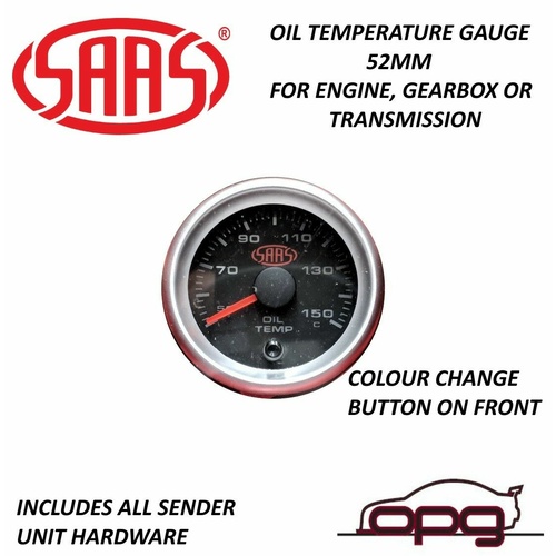 Genuine SAAS SG-OT52BS2 Performance Gearbox Oil Temp 52mm Analog Gauge Black Face 4 Colour