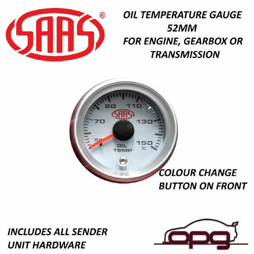 Genuine SAAS SG-OT52W Performance Gearbox Oil Temp 52mm Analog Gauge White Face 4 Colour