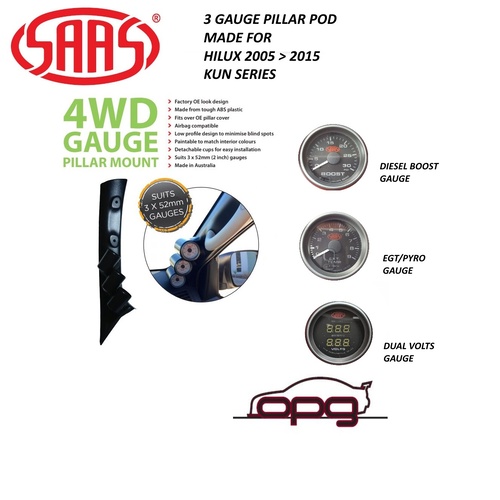Genuine SAAS Pillar Pod / Gauge Package for Toyota KUN Hilux 2005>2015 Boost EGT Dual Volts Black Face Gauges
