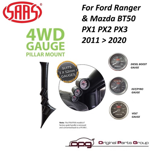 Genuine SAAS Pillar Pod / 3 X Gauge Package Suits Mazda BT-50 BT50 2011 > 2022 Boost EGT Volts Gauges
