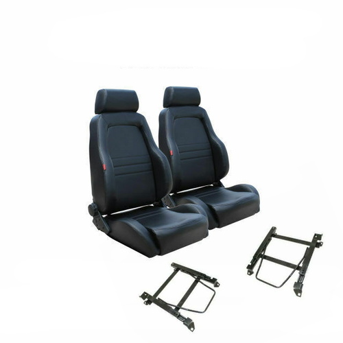 Autotecnica Sports Bucket Seats 2 4WD Black PU Leather W/Adaptors for Toyota 80 Series Landcruiser 1990 >1998