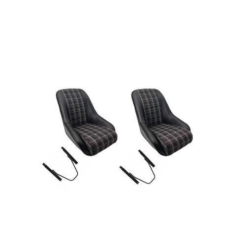Autotecnica Low Back PU Leather Bucket Seats Car Fixed Back - Black And Tartan Material