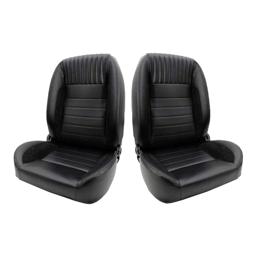 Autotecnica Classic Retro Style Low Back Bucket Seats - Quick Tilt Lever - Adjustable Back Rest - PU Black Leather with Black Stitch With - Pair