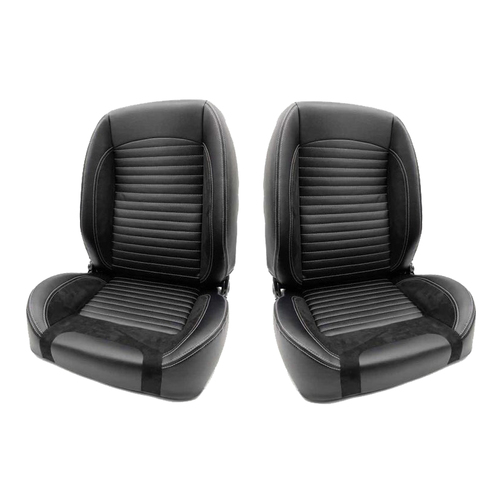 Autotecnica Classic Retro Style Low Back Bucket Seats for Monaro HK HT HG - Quick Tilt Lever - Adjustable Back Rest - PU Black Leather with Grey Stitc