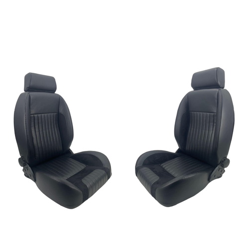 Autotecnica Classic Retro Style High Back Black Bucket Seats Quick Tilt Lever Adjustable Back Rest Black Black Stitch for Holden HK HT HG Monaro