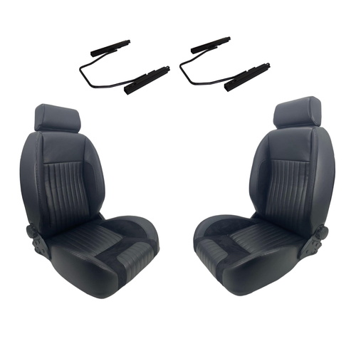 Autotecnica Classic Retro Style High Back Black Bucket Seats Quick Tilt Lever - Adjustable Back Rest PU Black Leather for Holden HQ HJ