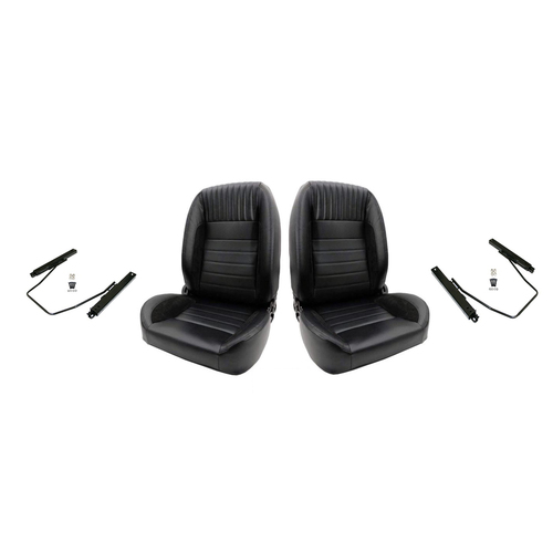 Autotecnica Classic Retro Style Low Back Bucket Seats Quick Tilt Lever - Adjustable Back Rest PU Black Leather with Black Stitch With Universal Rails